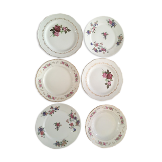 Six assiettes plates anciennes fleuries