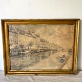 Old framed river watercolor 45.5 X 59