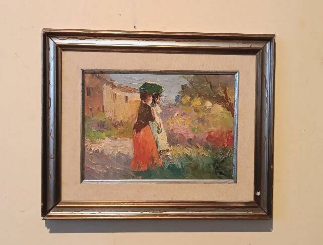 Oil painting of figures on panel in the Impressionist style from the 50s/60s.