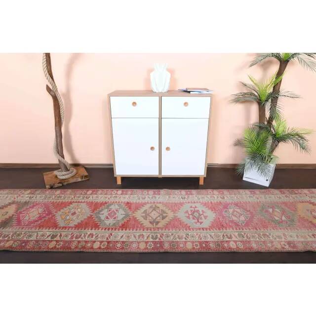 1970s Vintage Turkish Hand-Knotted Wool Cotton Red Runner Rug 82x334