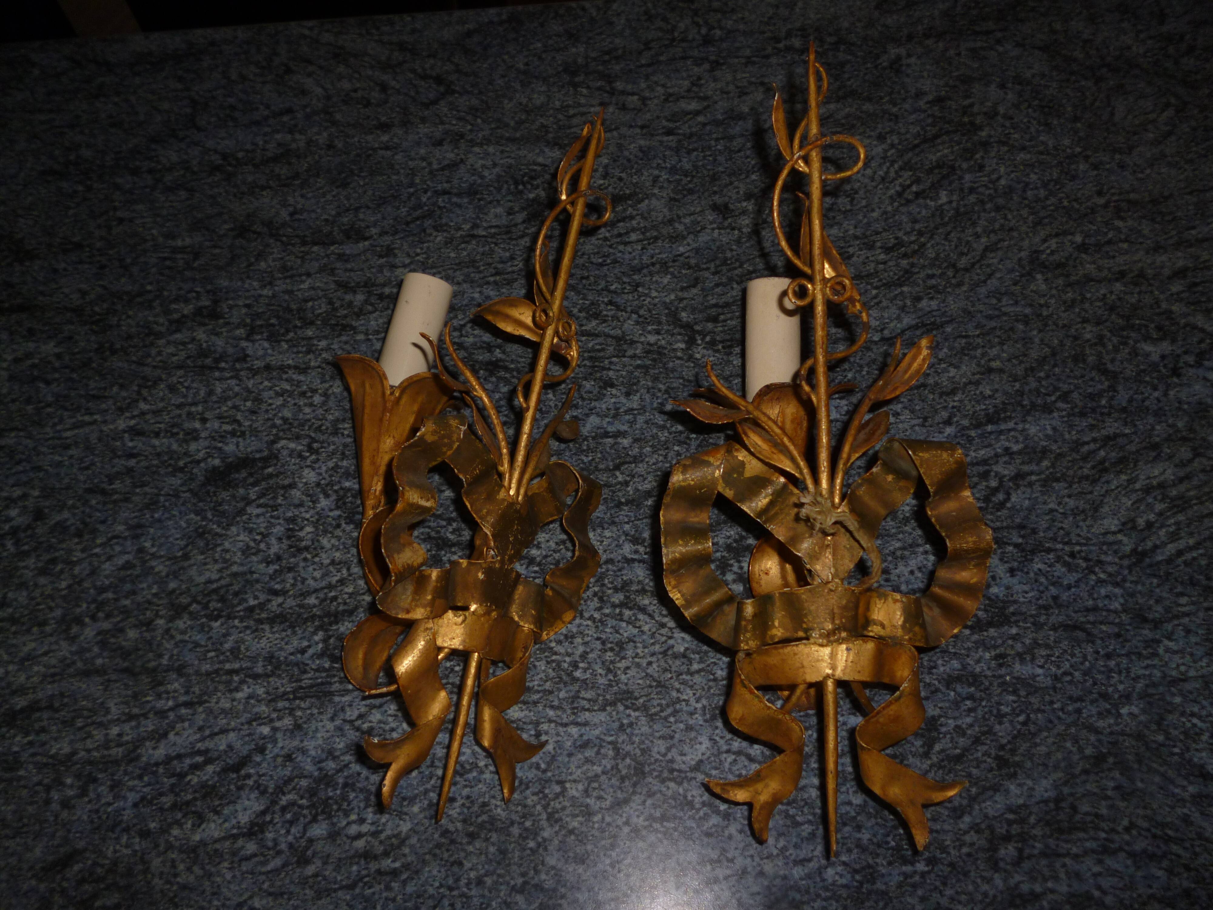 Pair of wall lamps gold patinated vintage metal