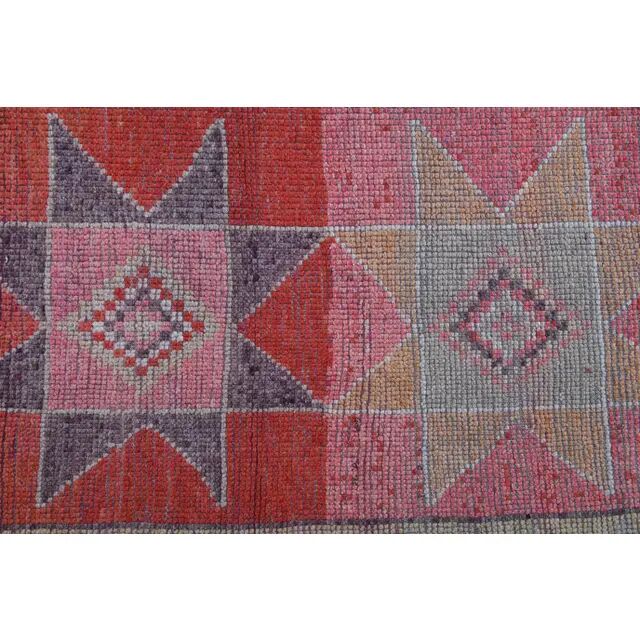 1970s Star Motif Vintage Turkish Oushak Wool Handmade Pink Runner 92x292