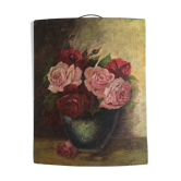 Oil on wood bouquet of flowers vase of garden roses, dated 1945