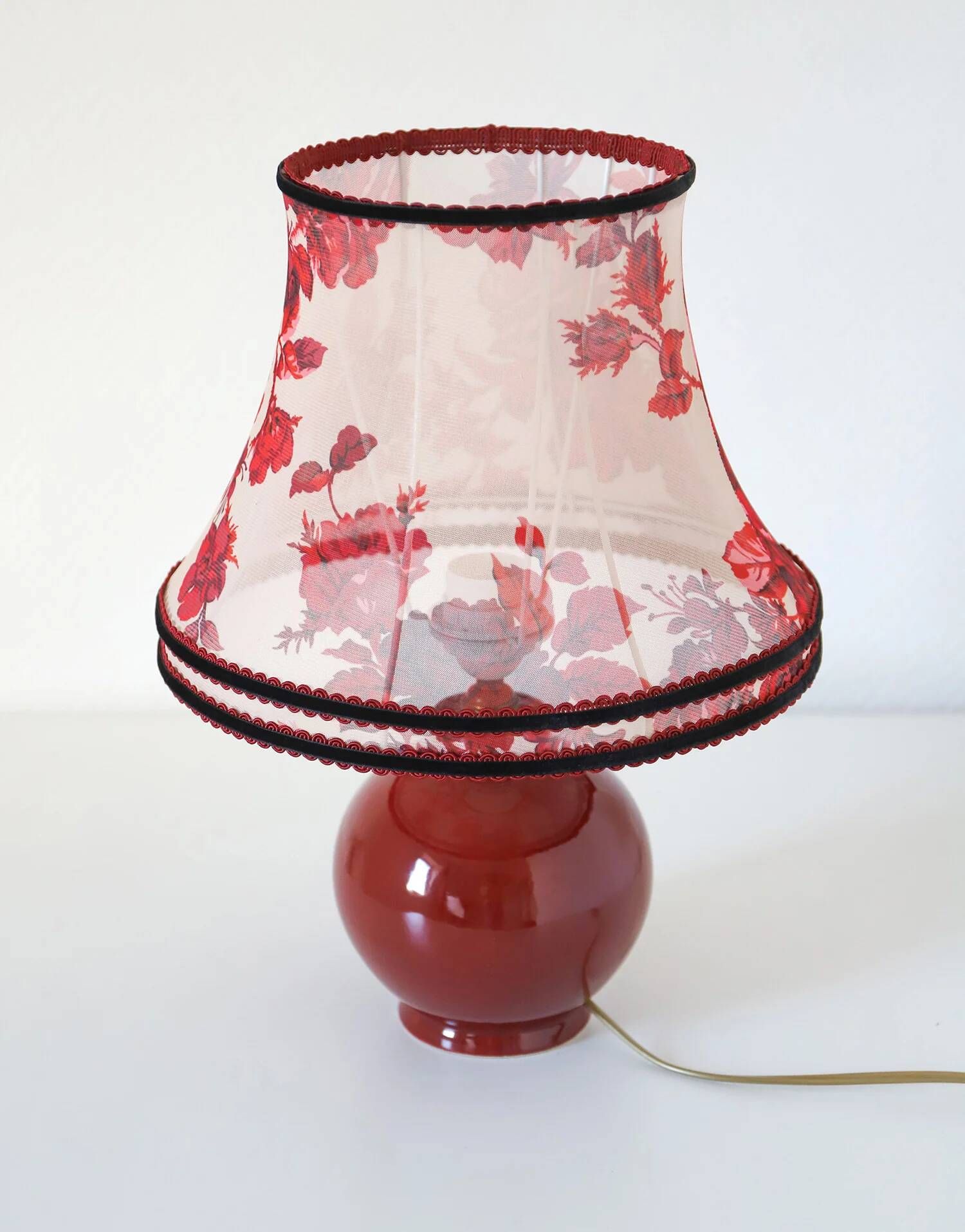 Recycled vintage lamp — burgundy ceramic base, floral voile shade