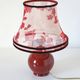 Recycled vintage lamp — burgundy ceramic base, floral voile shade