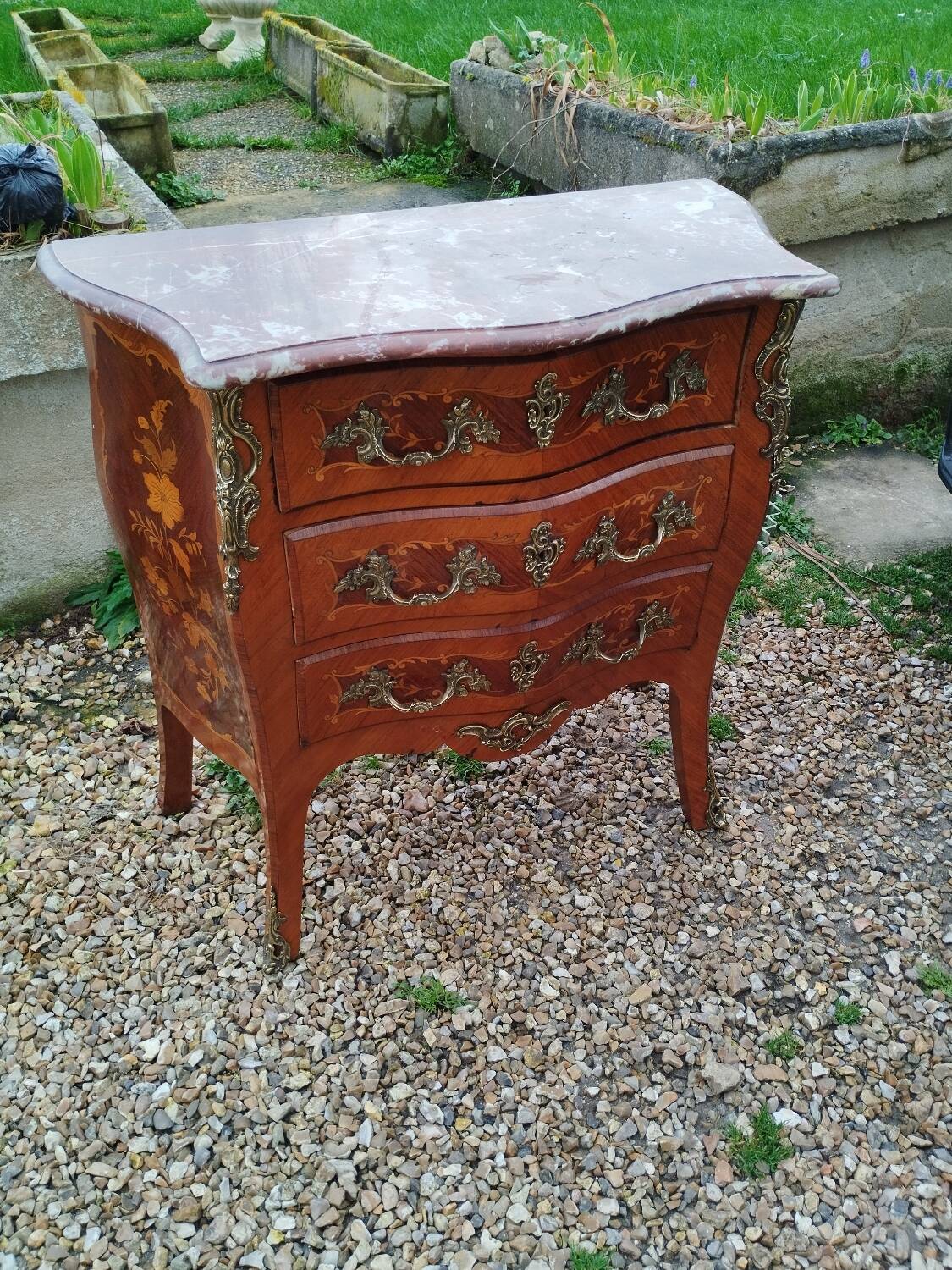 Louis xv style marble top marquetry chest of drawers