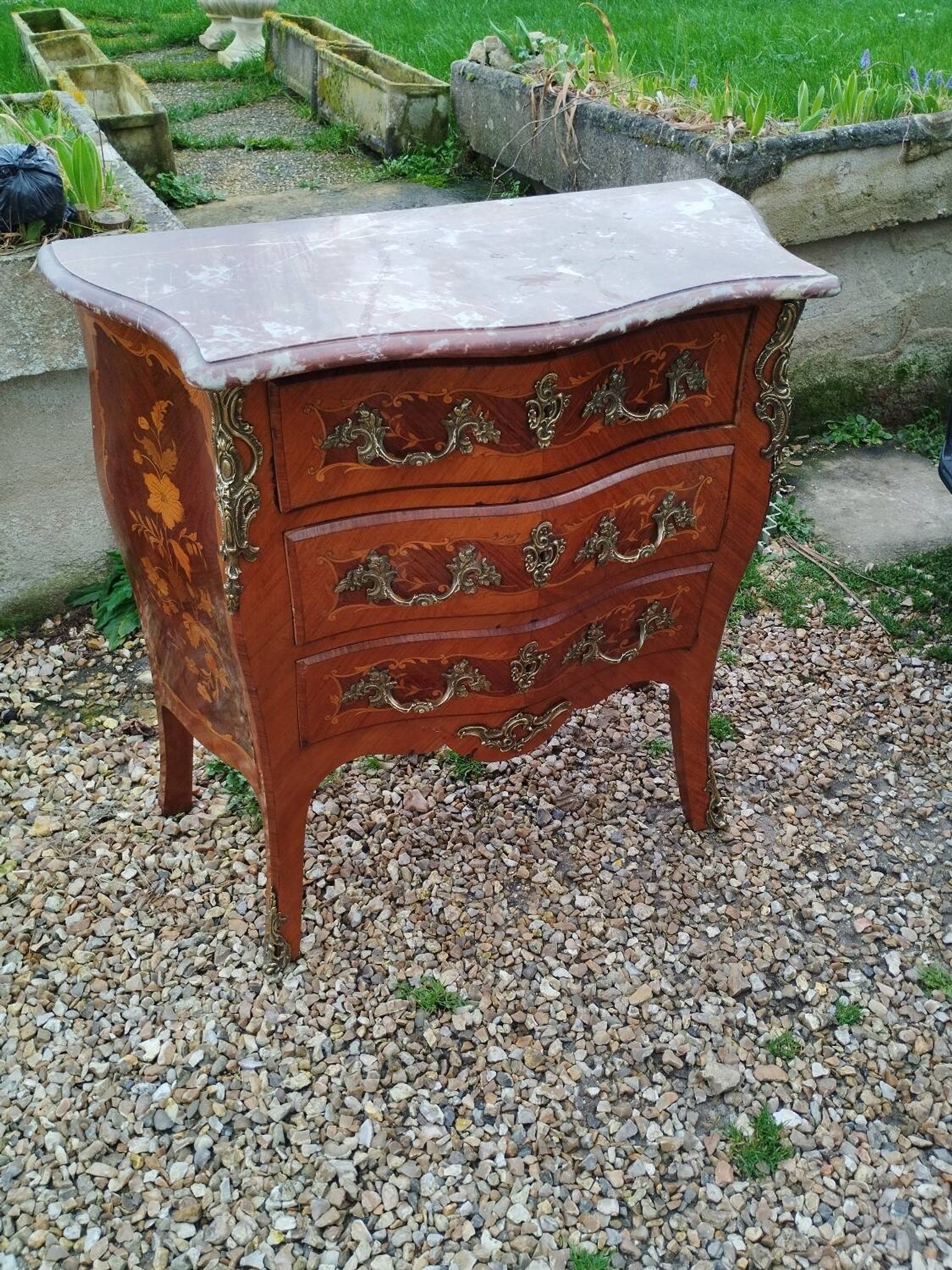 Louis xv style marble top marquetry chest of drawers