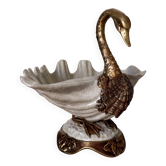 Coupe, centre de table décorative au cygne en bronze et porcelaine craquelée – Style Art nouveau / Hollywood Regency