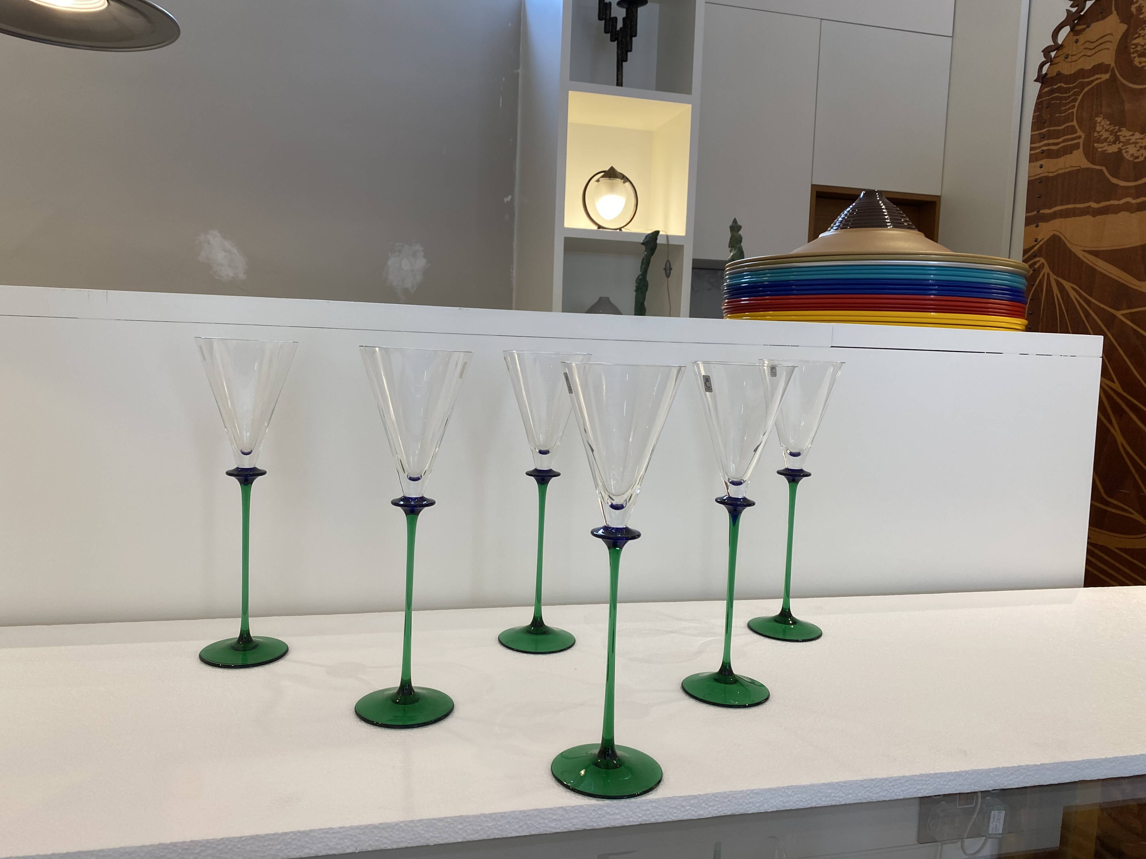 A Set of 6 Hand-blown Emerald Green Cobalt Blue Stem Champagne Flutes Art