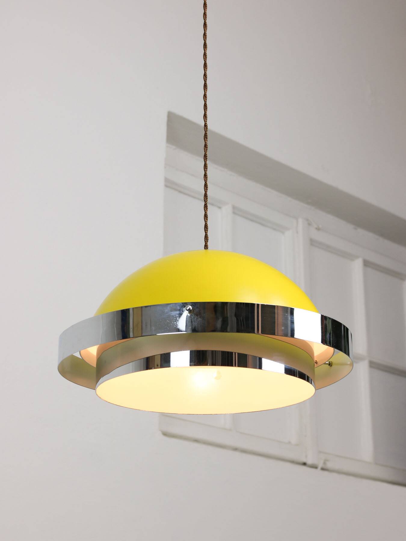 Space-age italian yellow and chrome metal pendant lamp, 1970s