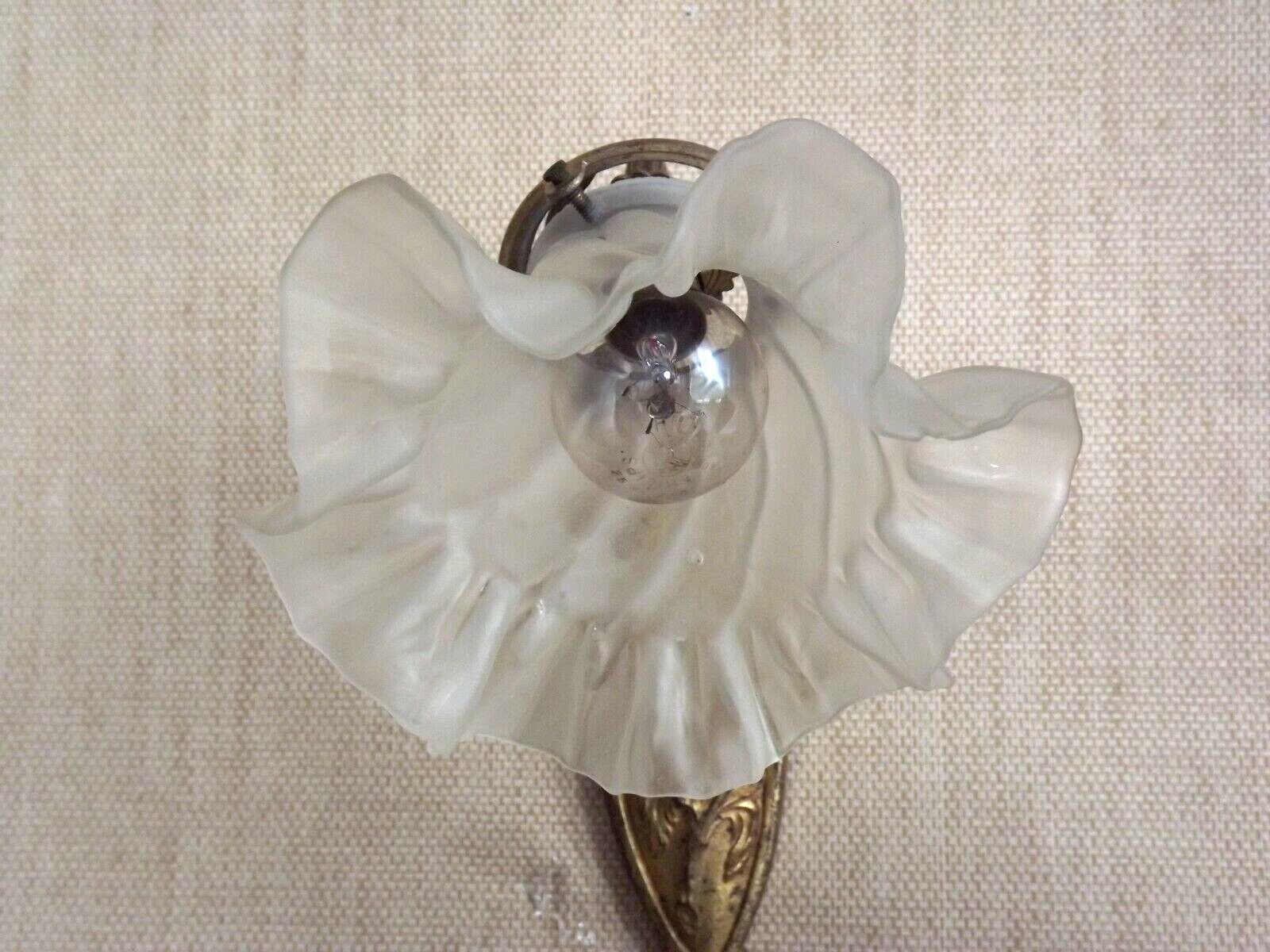 French art nouveau bronze wall light white frilled patterned glass shade 4213