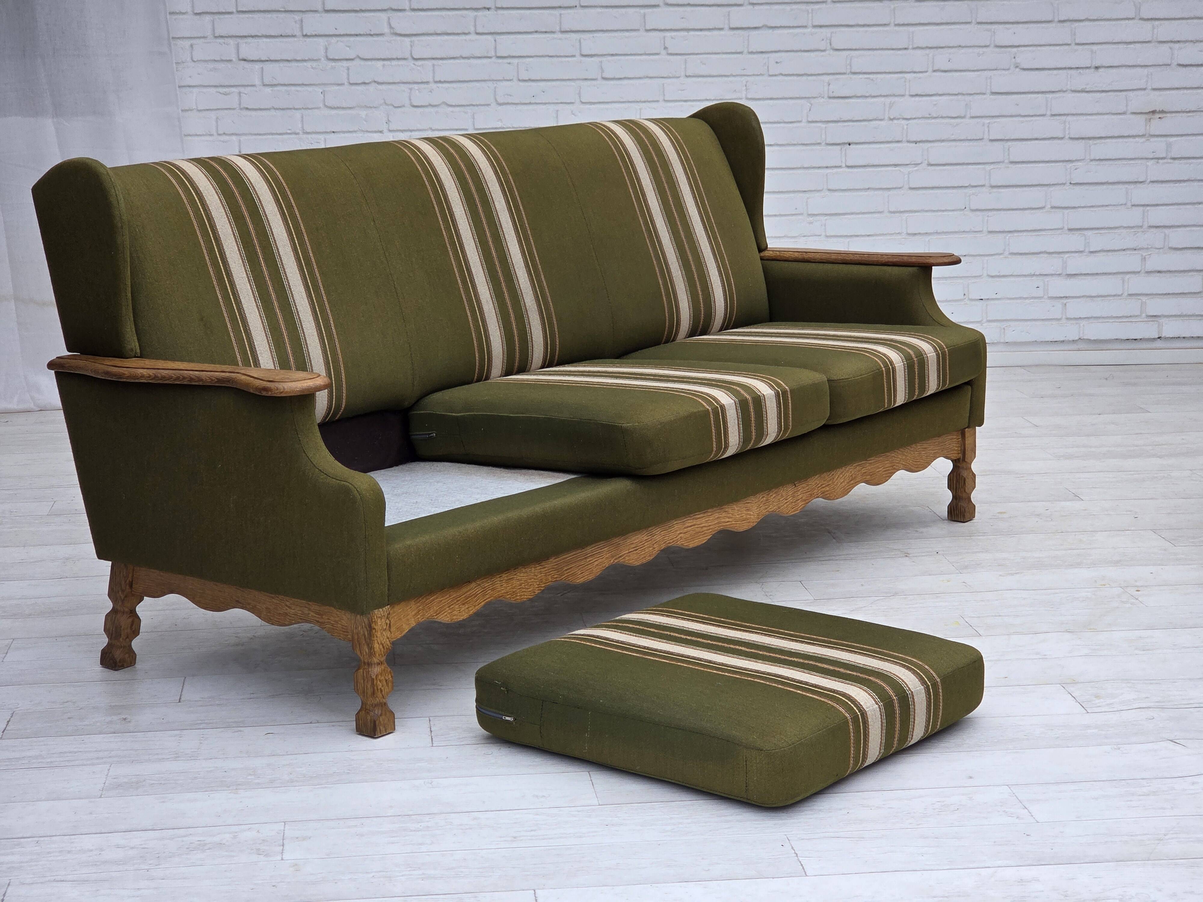 1970s, Danish 3-seater sofa, furniture wool, solid oak wood.