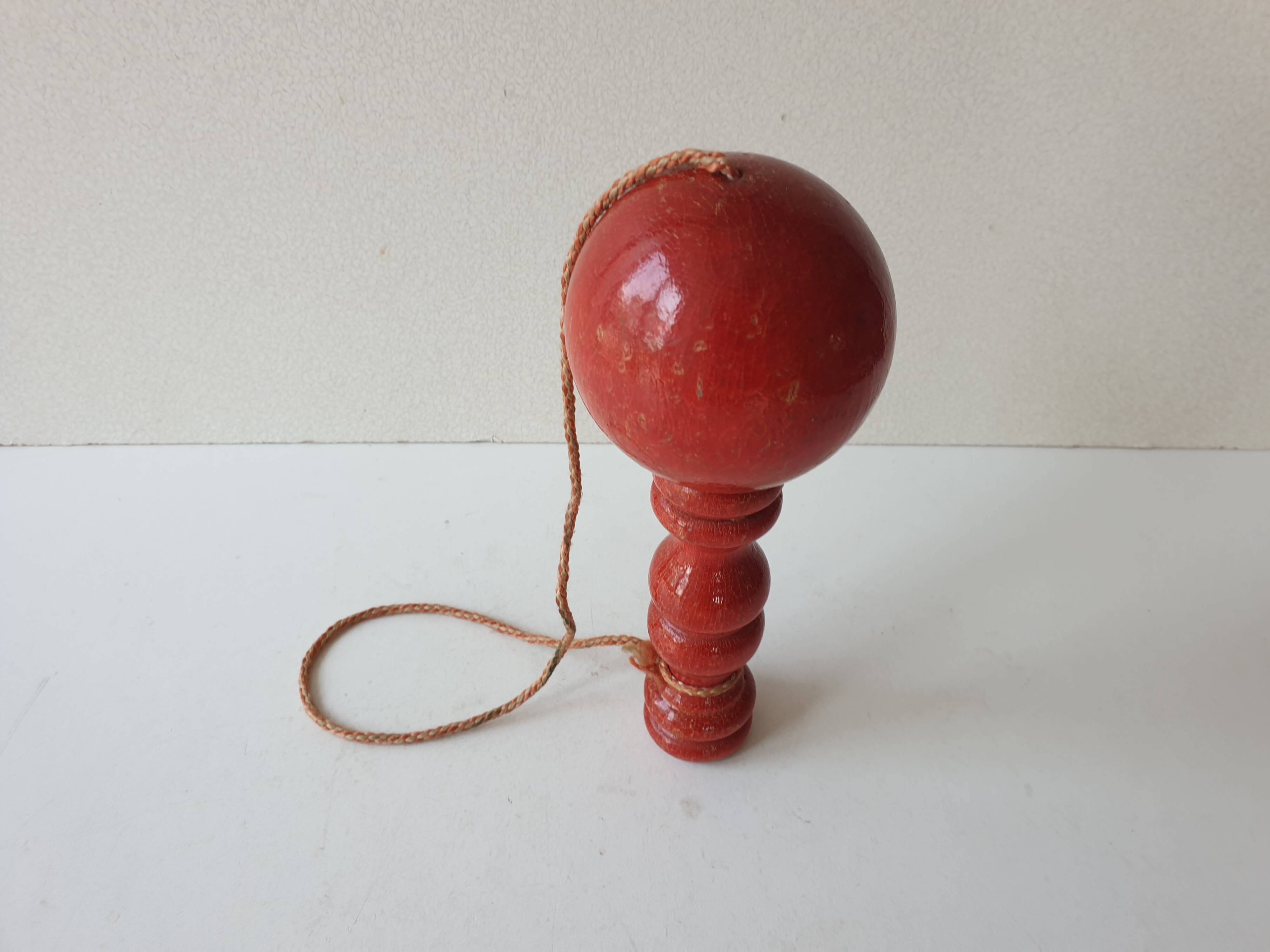 Old wooden Bilboquet - red color Height 17.5 Cm