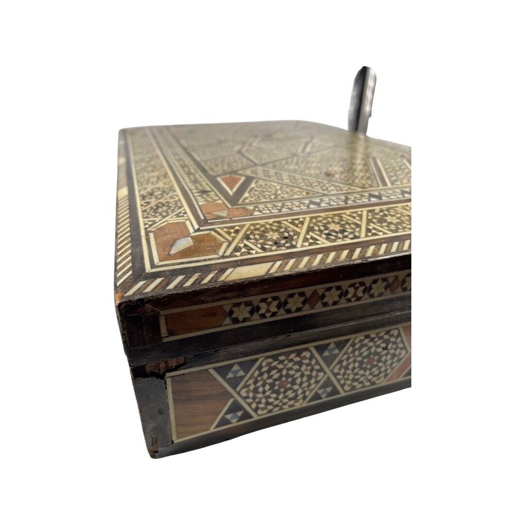 Large Persian marquetry box inlaid with its key