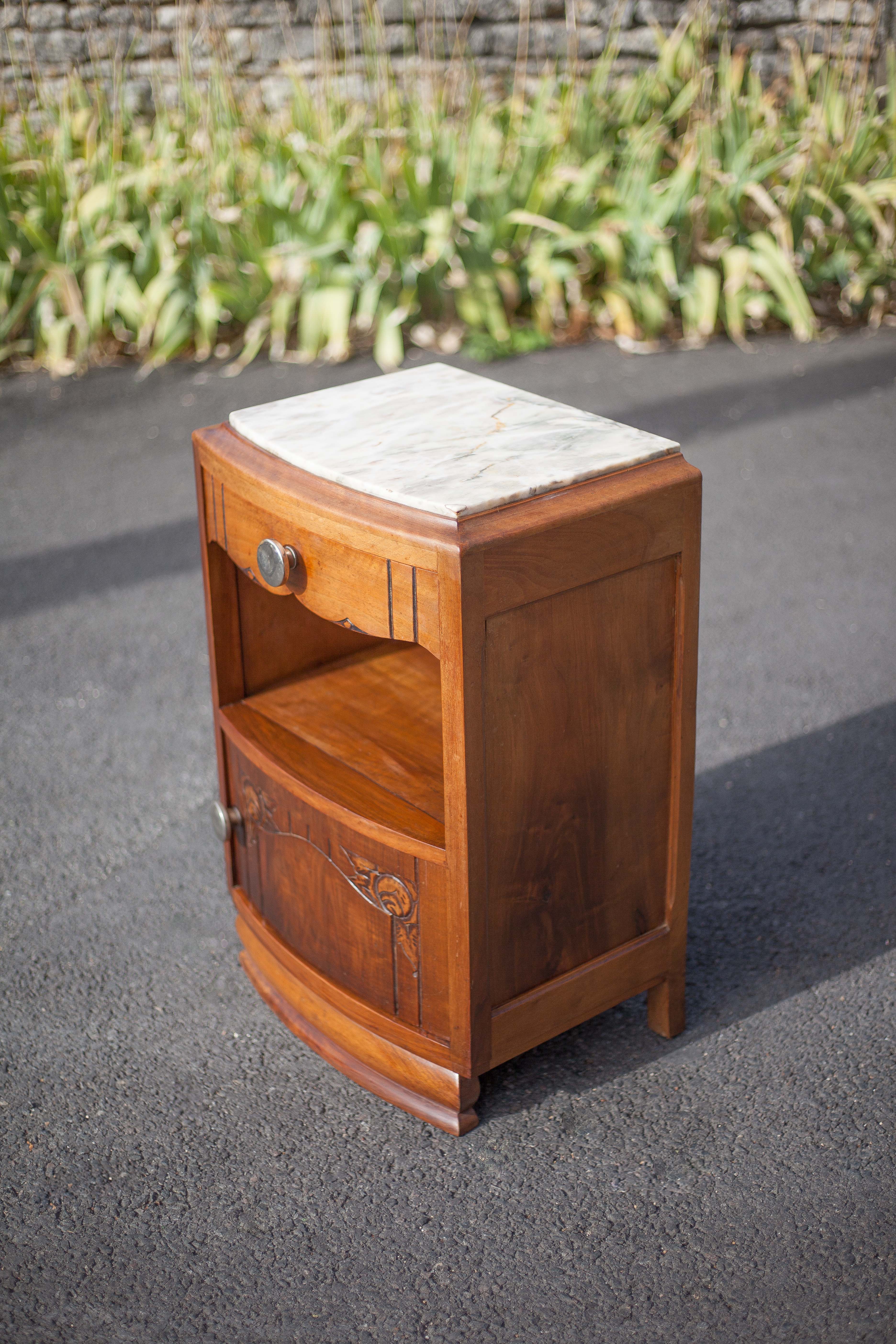 Bedside table, wooden nightstand with marble plate, art deco furniture, vintage furniture