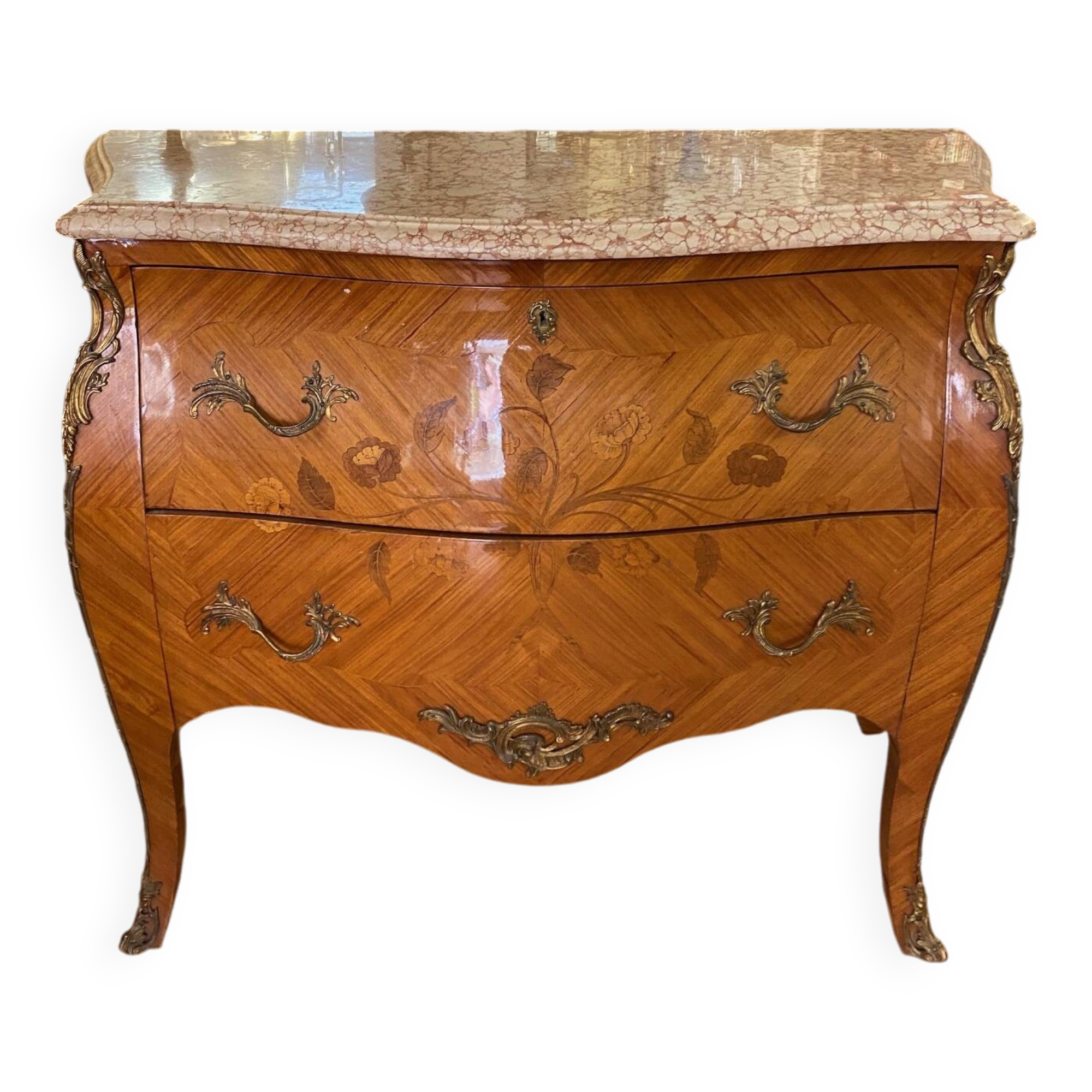 Louis xv style curved chest of drawers in marquetry with marble and embroidered floral decor