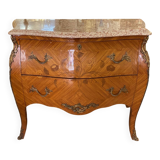 Louis xv style curved chest of drawers in marquetry with marble and embroidered floral decor