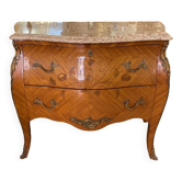 Louis xv style curved chest of drawers in marquetry with marble and embroidered floral decor