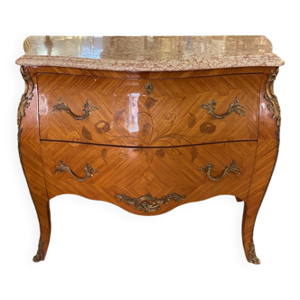 Commode galbee style louis xv en marqueterie decor de fleurs marbbre et bro