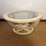 Oval patinated wood and beveled glass coffee table