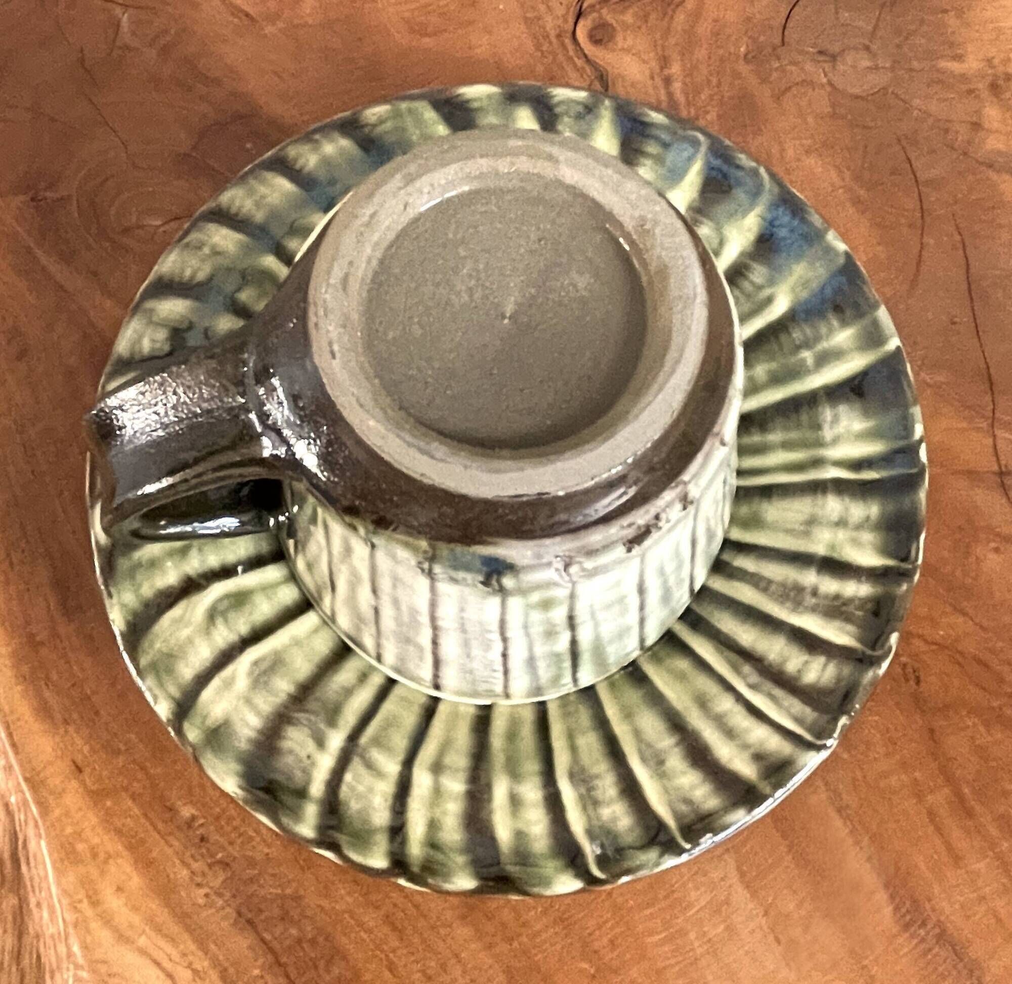 Onta-yaki ware - green and white ceramic teacup with saucer - japanese traditional handmade pottery