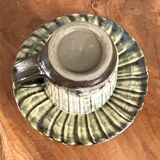Onta-yaki ware - green and white ceramic teacup with saucer - japanese traditional handmade pottery