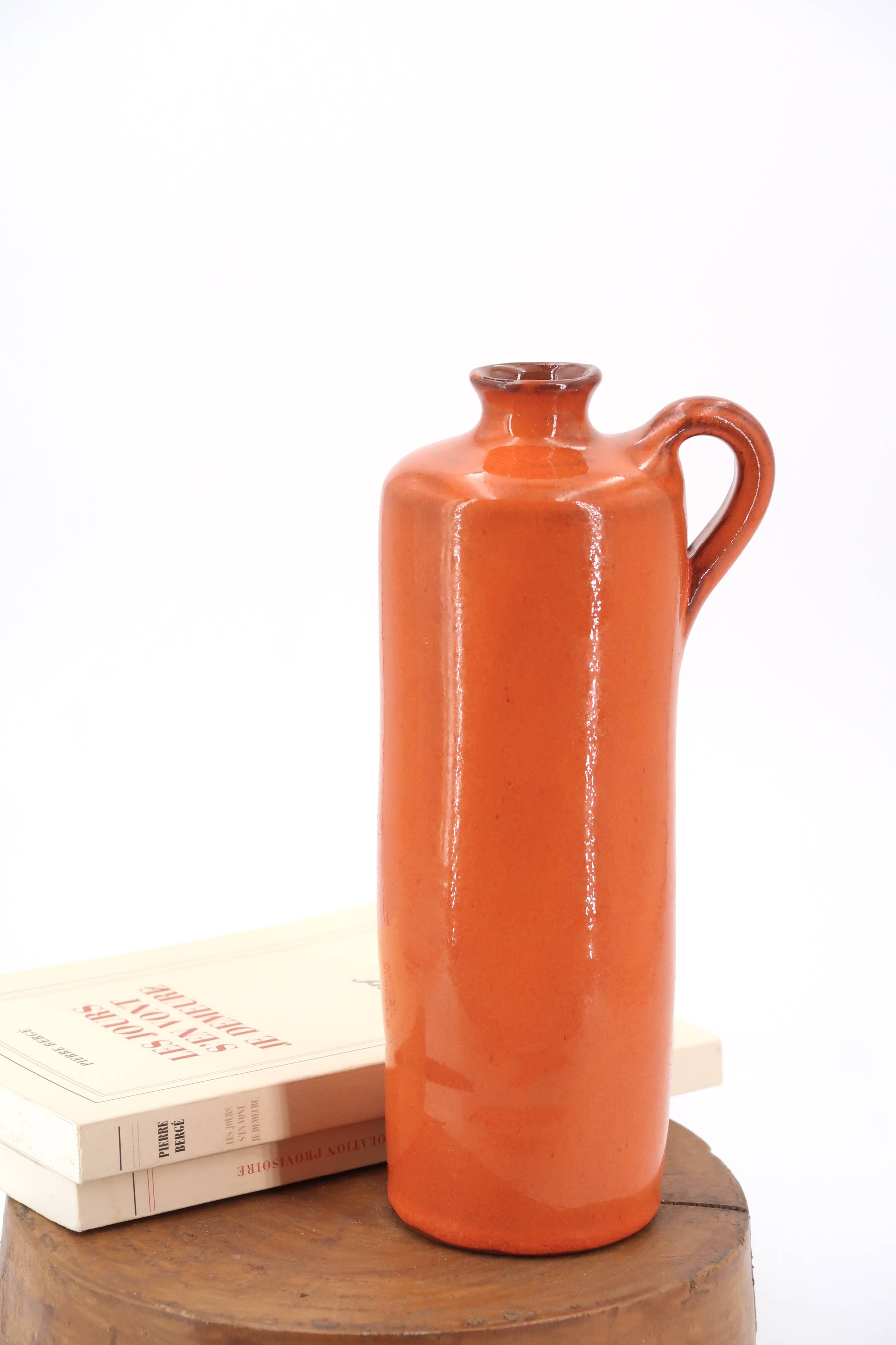 Vase bouteille orange en céramique, années 70
