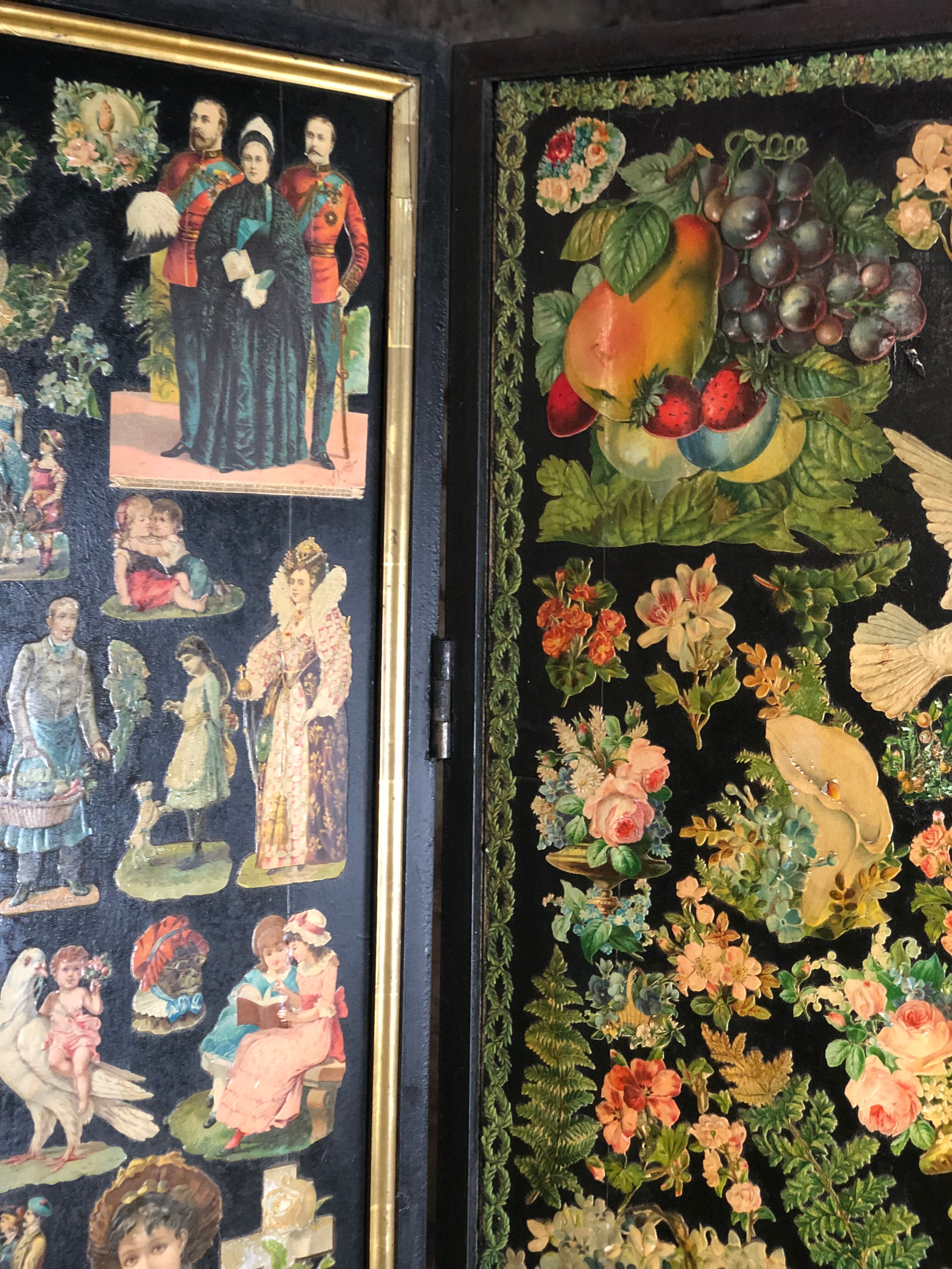 Paravent anglais à trois feuilles recouvertes d'un collage chromo XIX eme
