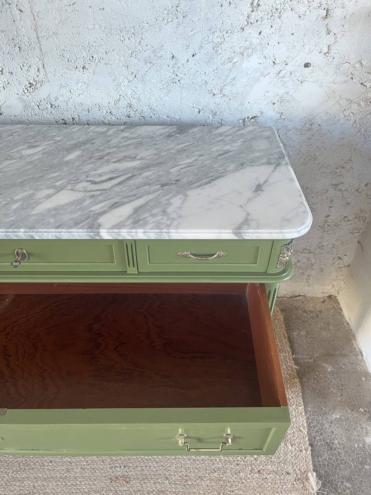 Louis XVI style olive green commode with marble.
