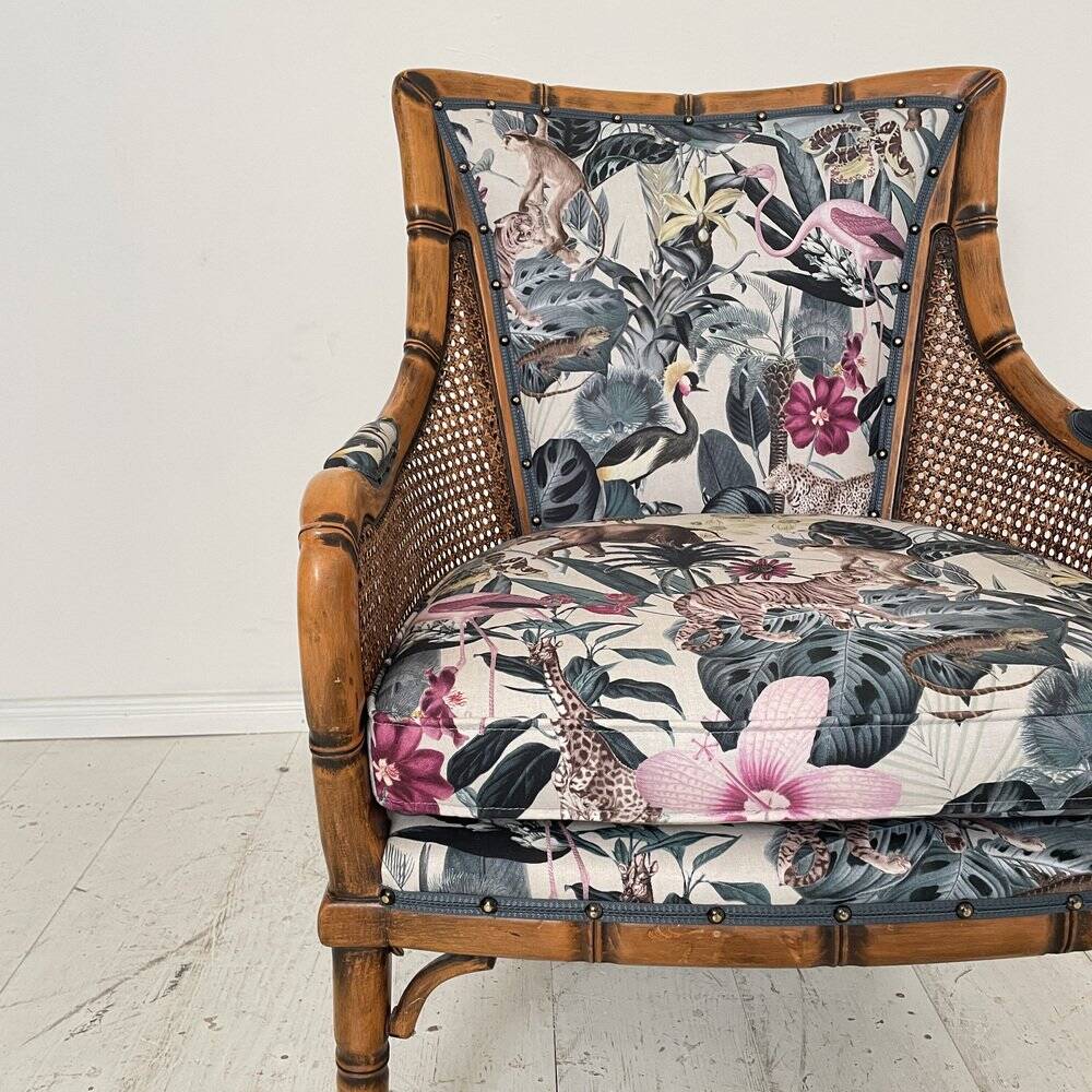 Mid-Century French Armchair in Bamboo Style with Animal Print Fabric, 1980