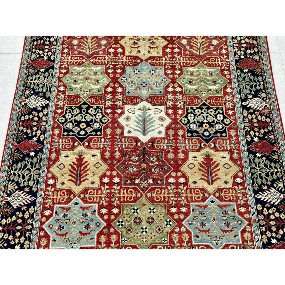 Hand-Knotted Wool Area Rug, Red Geometric Botanical Carpet for Living Room