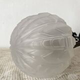 1930s Art Deco pendant light in frosted glass and wrought iron