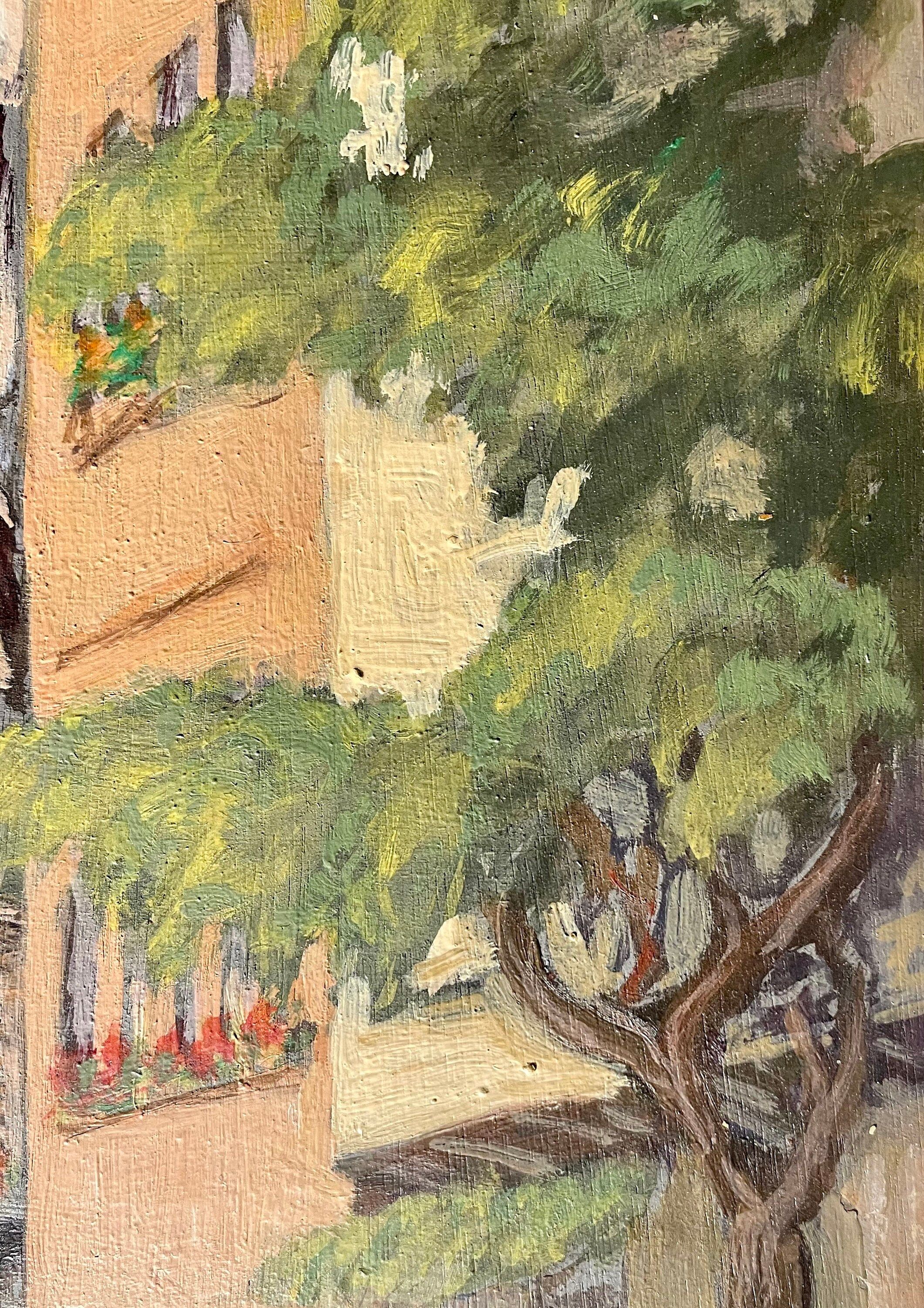 1940s French oil painting on wood. Cityscape