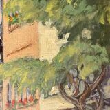 1940s French oil painting on wood. Cityscape
