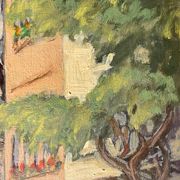 1940s French oil painting on wood. Cityscape