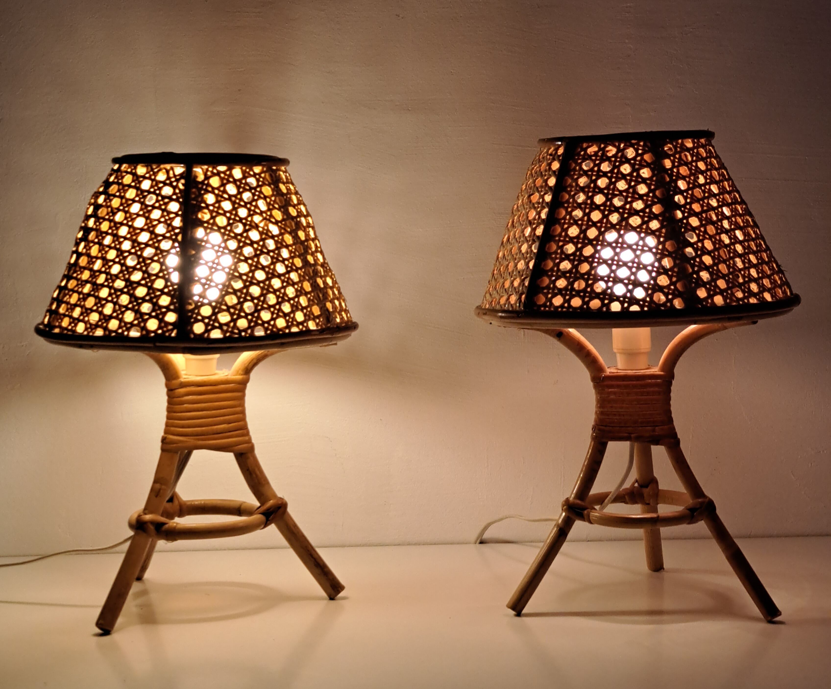 Pair of cane and bamboo lamps