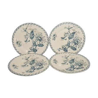 Set of 4 dessert plates in opaque porcelain of Gien model Honeysuckle, iron earth