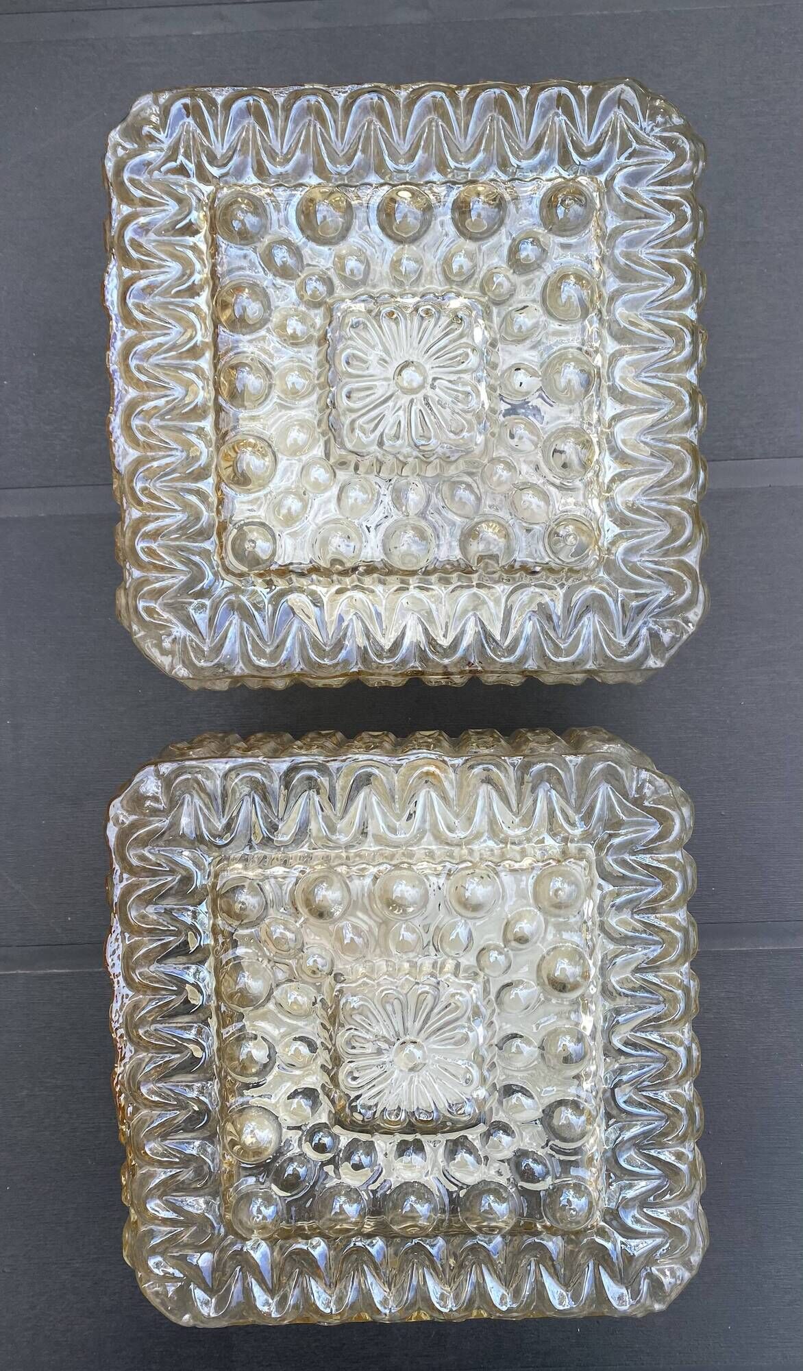 2 square ceiling lights in amber glass, 70s-80s
