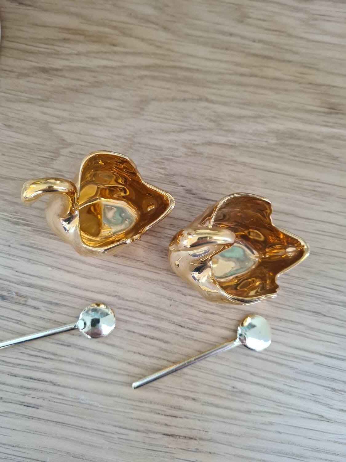 Duo of fine gold Limoges porcelain swan salt cellars