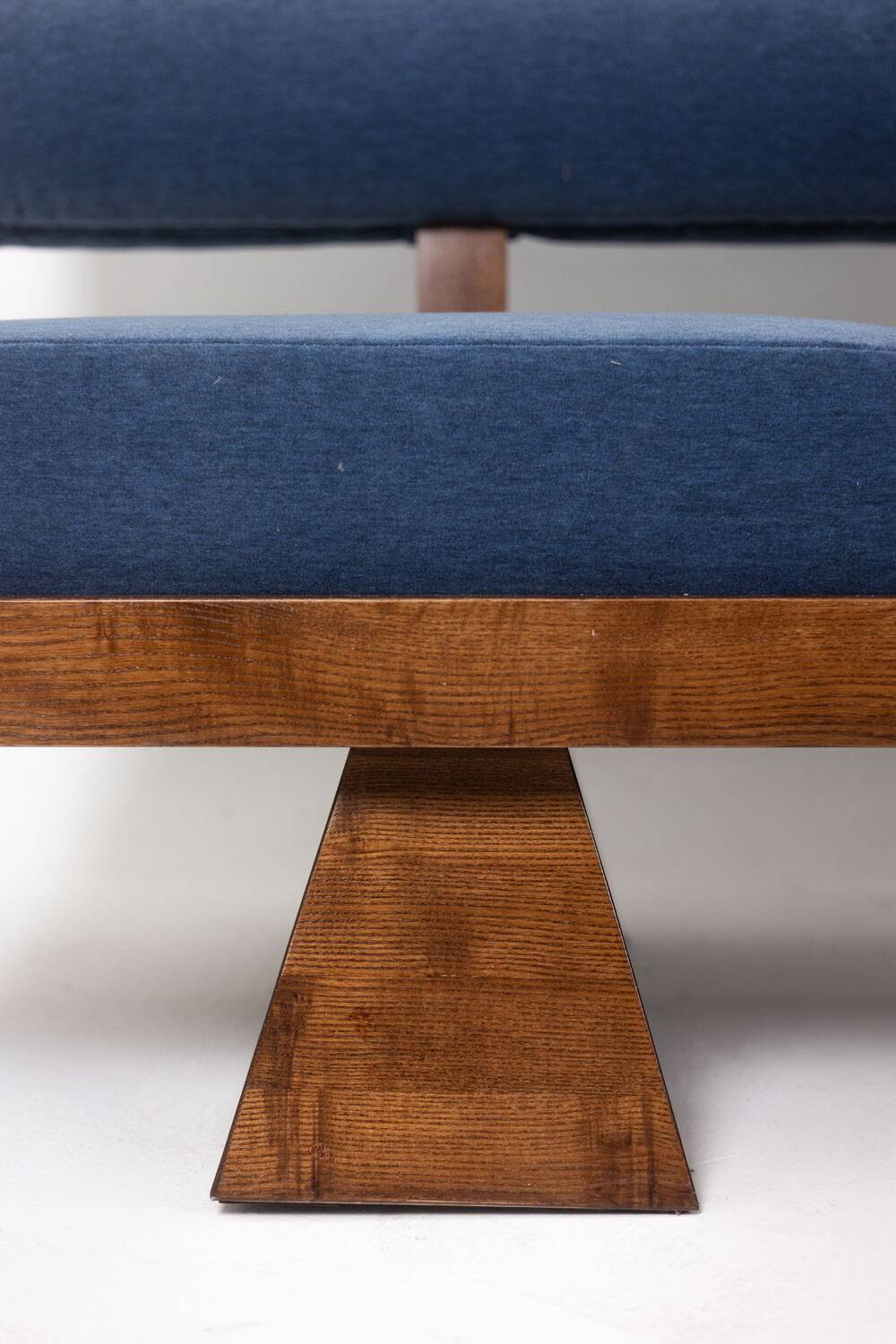 Three-seater bench in light ash and blue mohair velvet. Contemporary.