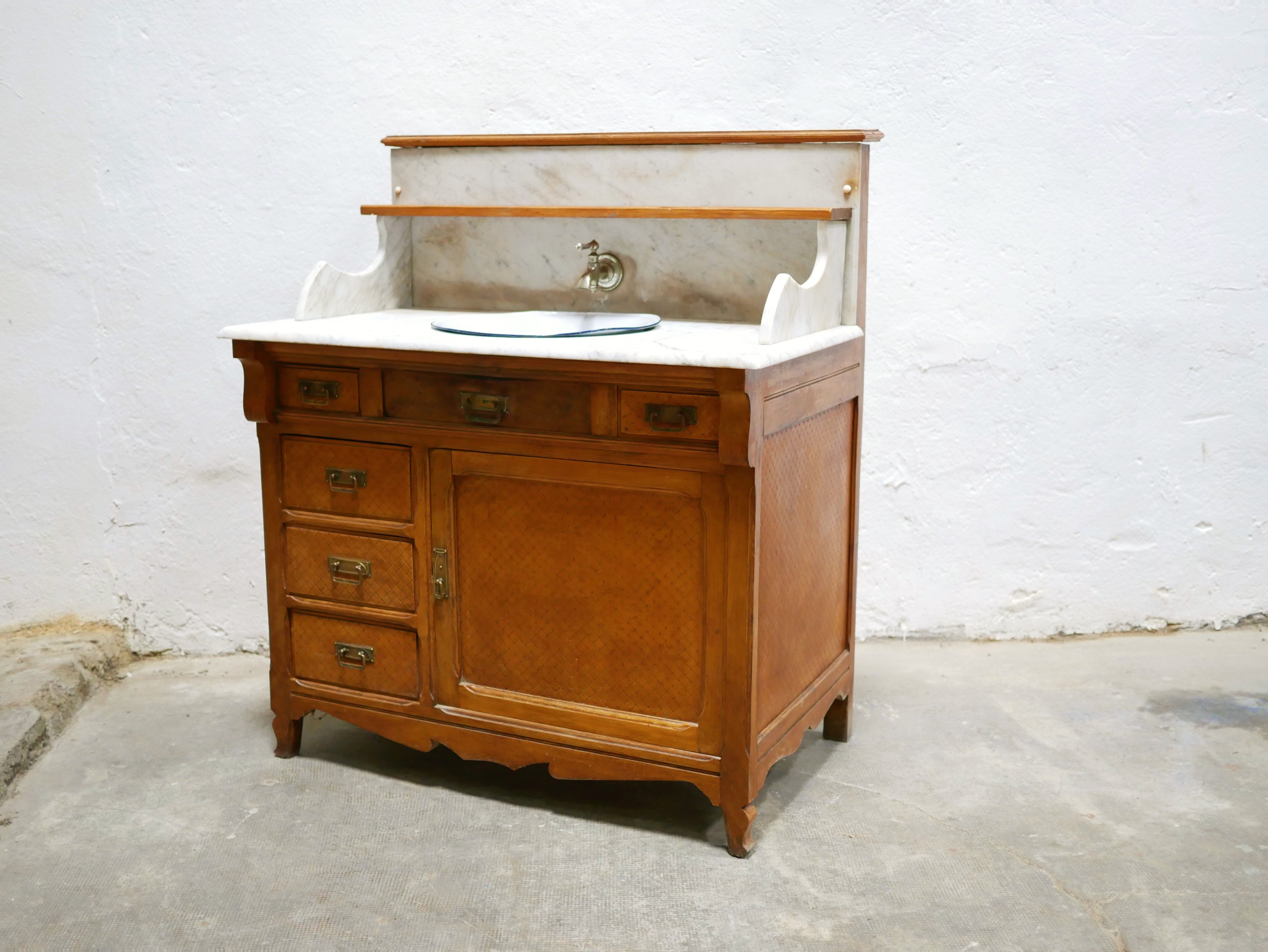 Antique washbasin cabinet in marble and wood