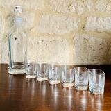 Set, vintage crystal whiskey decanter with 6 glasses, by Luigi Bormioli, circa 70's