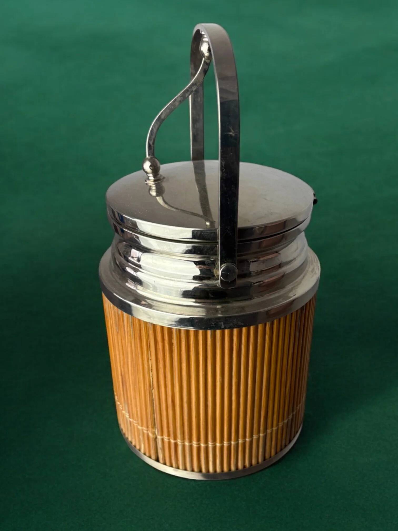 Hollywood Regency rattan ice bucket with tongs, Italy, 1970