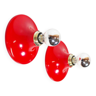 Pair of petite red disc sconces, Italy 1980s