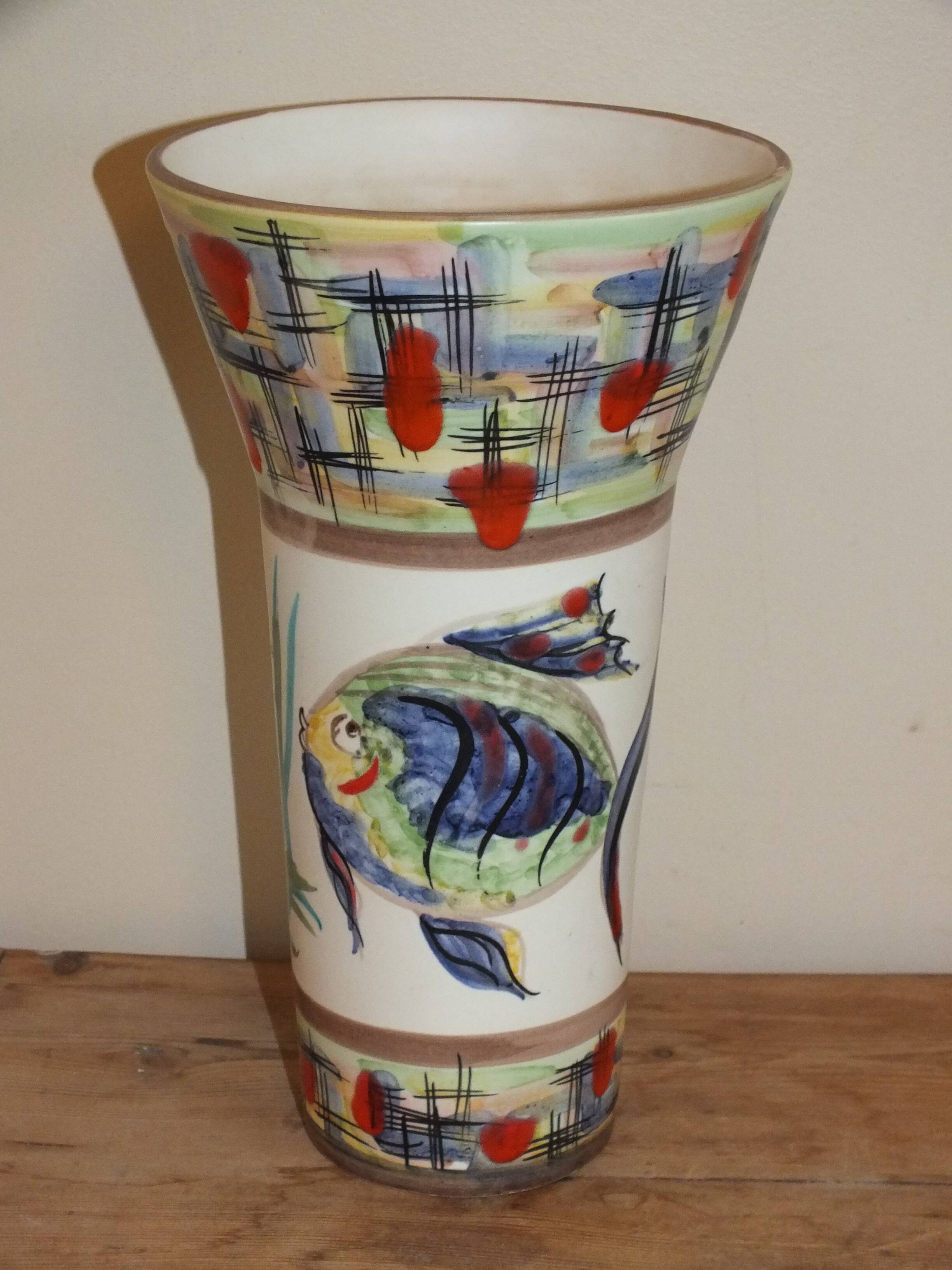 60s enamelled cone vase with fish decor, Vallauris signed Mj