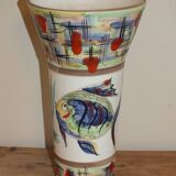 60s enamelled cone vase with fish decor, Vallauris signed Mj