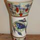 60s enamelled cone vase with fish decor, Vallauris signed Mj