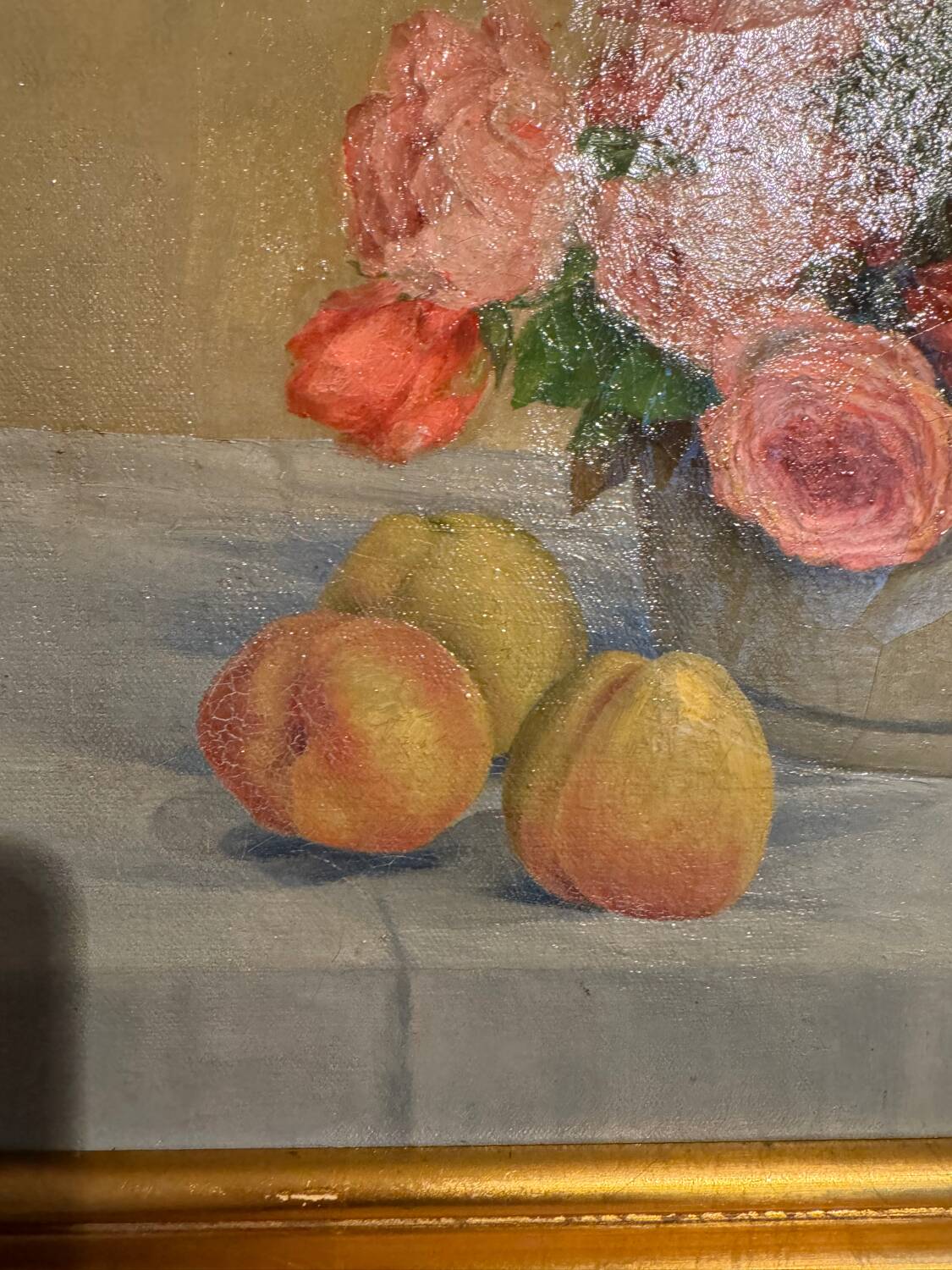 Old painting, Still life or roses and fruits, early 20th century