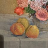 Tableau ancien, Nature morte ou roses et fruits début XX siècle