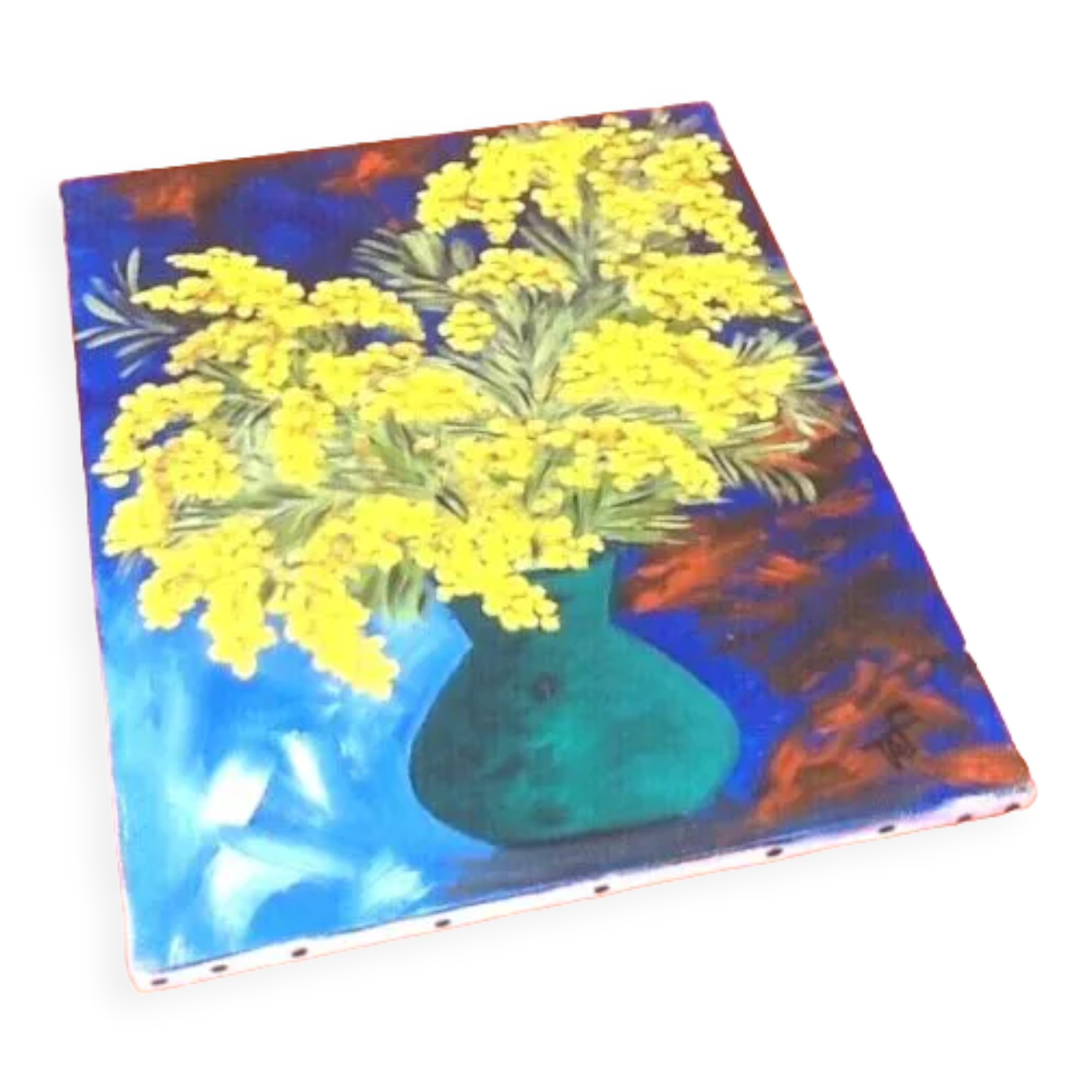 Tableau huile sur toile nature morte bouquet de mimosa